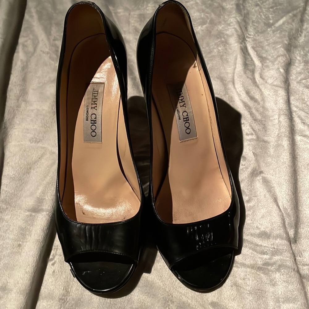 Jimmy Choo, peep toe, patent leather heels